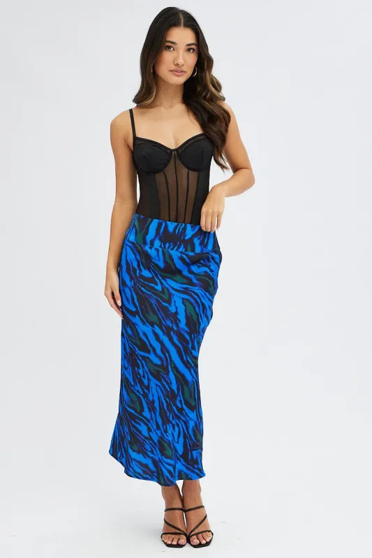 Blue Abstract Midi Skirt High Waisted Satin Bias Cut sold by Ally Fashion