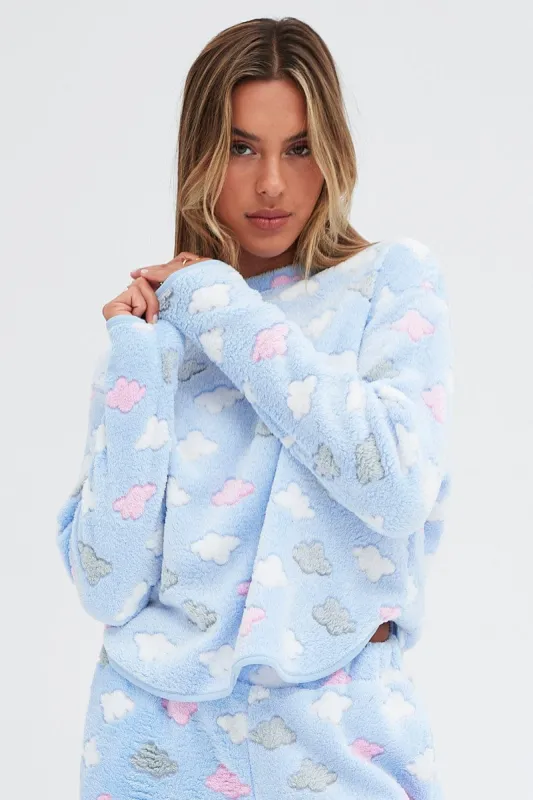 Blue Print Fluffy PJ Cloud Print Cosy Pyjama Set sold by Ally Fashion