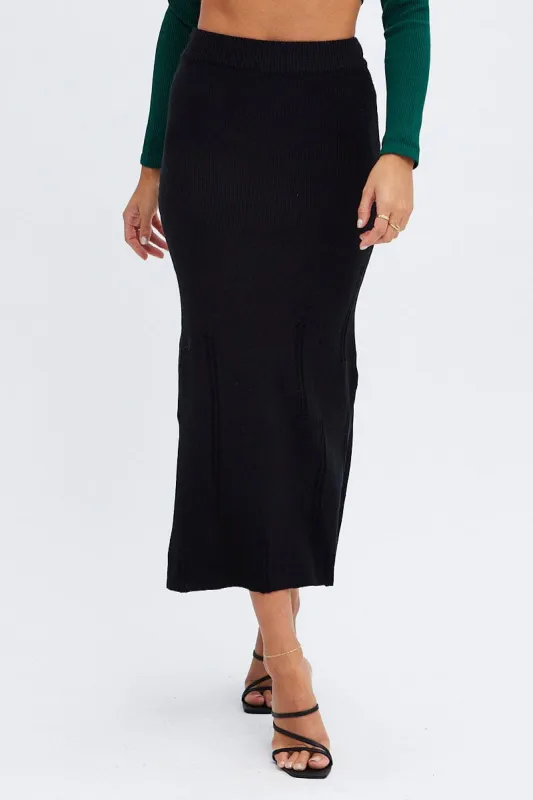 Black Midi Skirt High Waisted A-line Ladder Knit sold by Ally Fashion