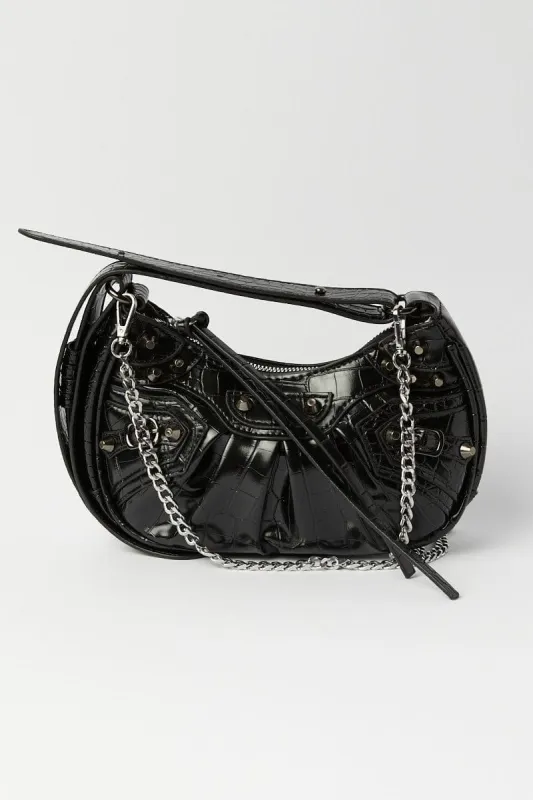 Black Curved Crossbody Bag with Studding sold by Ally Fashion