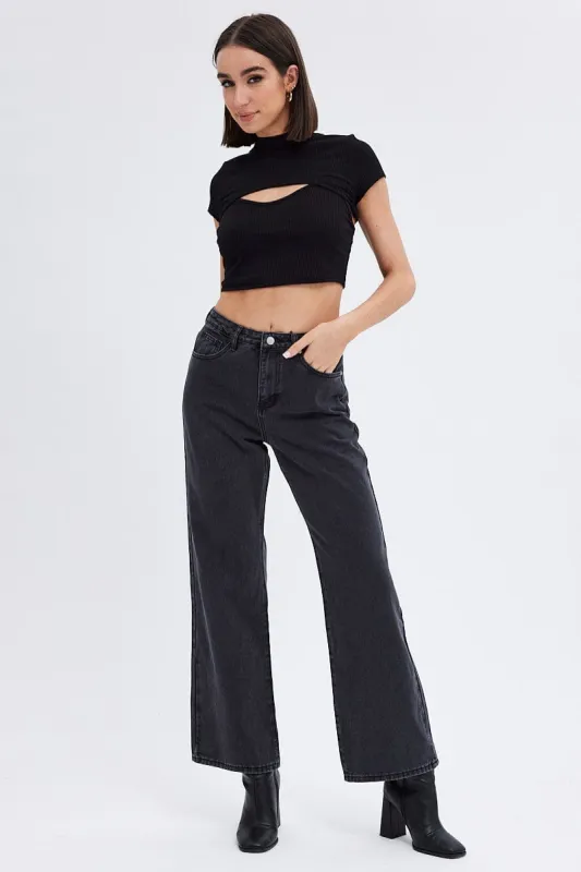Grey Wide Leg Denim Jeans High rise sold by Ally Fashion