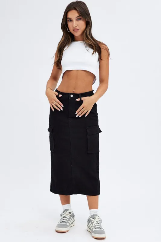 Black Denim Skirt Cargo Midi sold by Ally Fashion