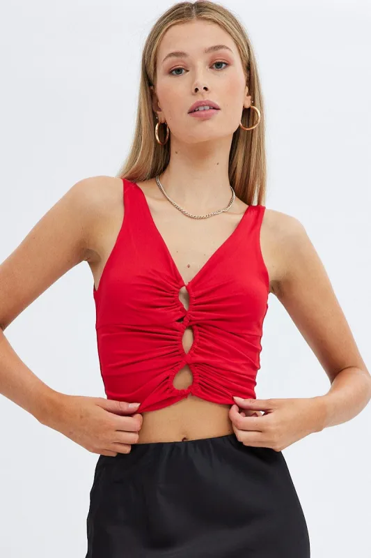 Red Bralette Crop Top V Neck Keyholes Details sold by Ally Fashion