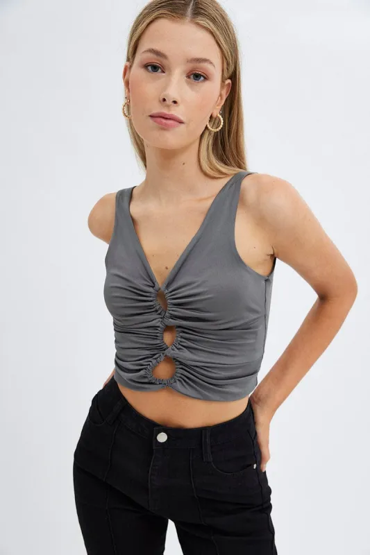 Grey Bralette Crop Top V Neck Keyholes Details sold by Ally Fashion
