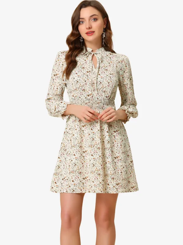 Smocked Waist Tie Neck Floral Long Sleeve Dress sold by Allegra K
