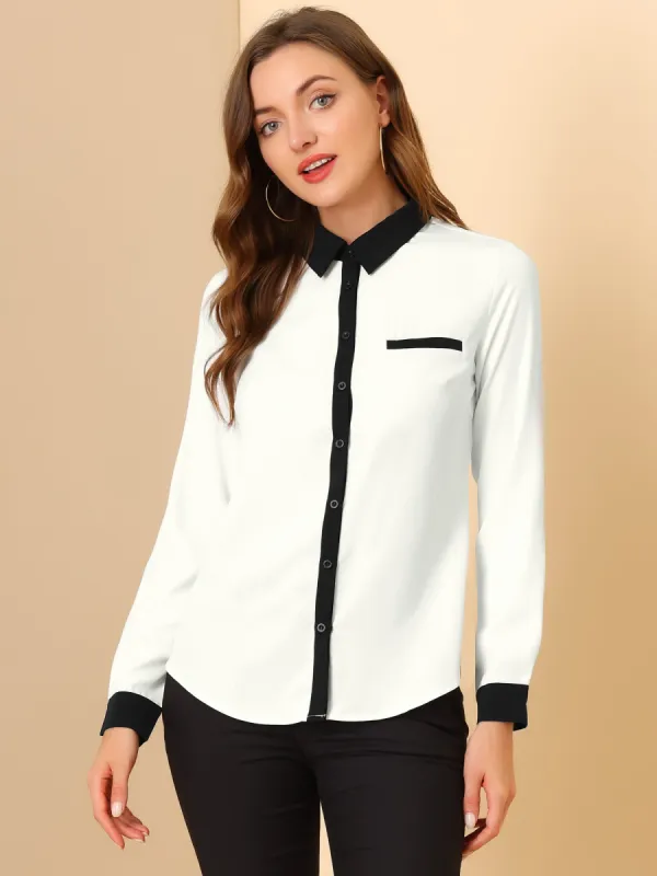 Contrast Collar Shirt Chiffon Long Sleeve Work Office Blouse sold by Allegra K