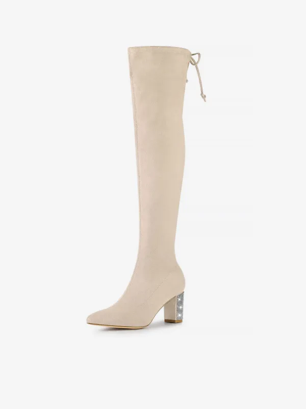 Chunky Heel Bling Rhinestone Over the Knee High Boots sold by Allegra K