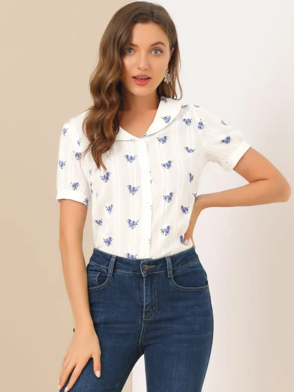 Peter Pan Collar Summer Tops Button Front Elegant Floral Shirt sold by Allegra K