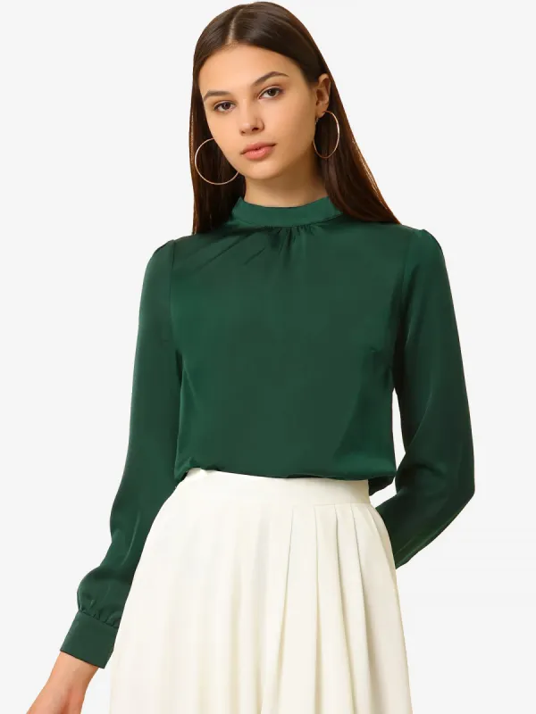 Satin Blouse Puff Sleeve Stand Collar Work Top sold by Allegra K
