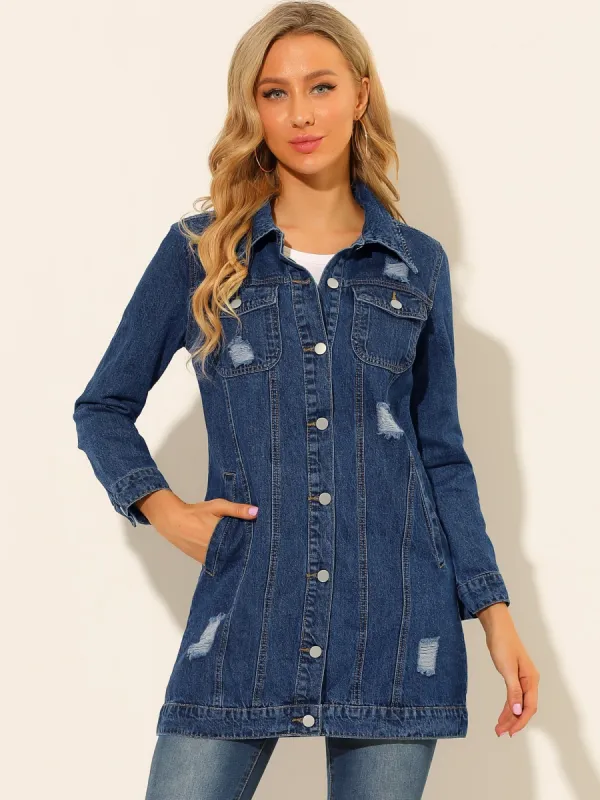Distressed Long Sleeve Ripped Casual Denim Jacket sold by Allegra K
