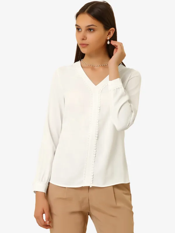 Long Sleeve Casual Lace Trim Career V Neck Blouse sold by Allegra K