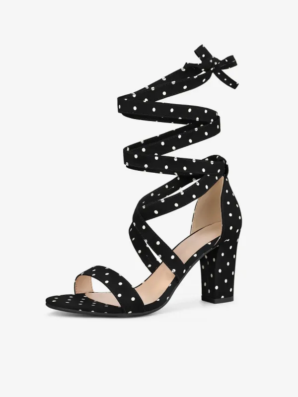 Elegant Polka Dot Strappy Lace Up Chunky Heel Sandals sold by Allegra K