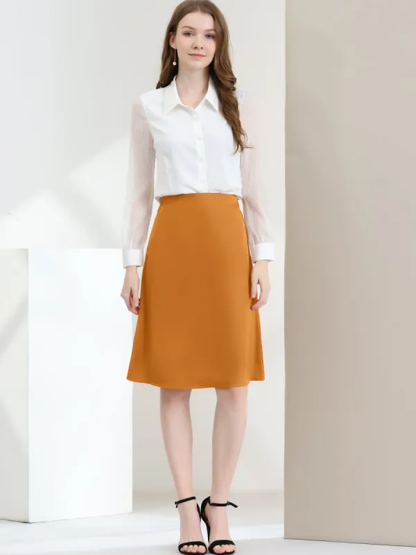 High Wasit Work Office Flared Satin Midi Skirt sold by Allegra K