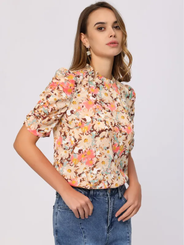 Ruffle Mock Neck Puff Half Sleeve Chiffon Floral Tops sold by Allegra K