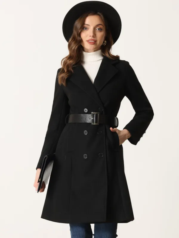 Lapel Collar Winter Belted Double Breasted Long Coat sold by Allegra K