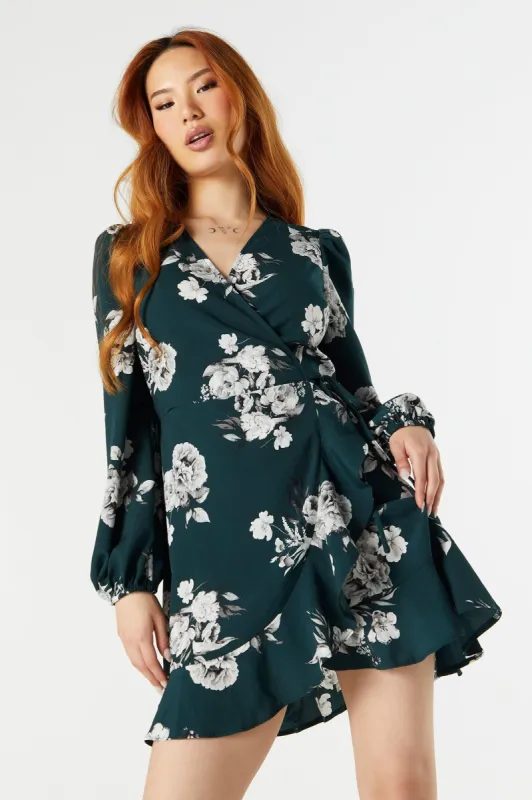 Green Floral Long Sleeve Wrap Dress sold by Urban Planet
