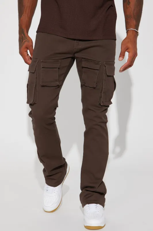 Keep Moving Stacked Skinny Flared Cargo Pants - Brown sold by Fashion Nova