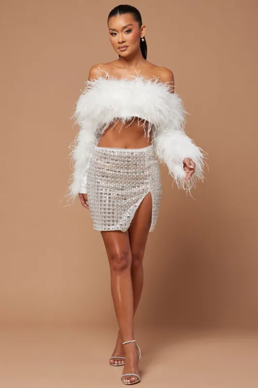 Kourt Embellished Mini Skirt - White/Silver sold by Fashion Nova