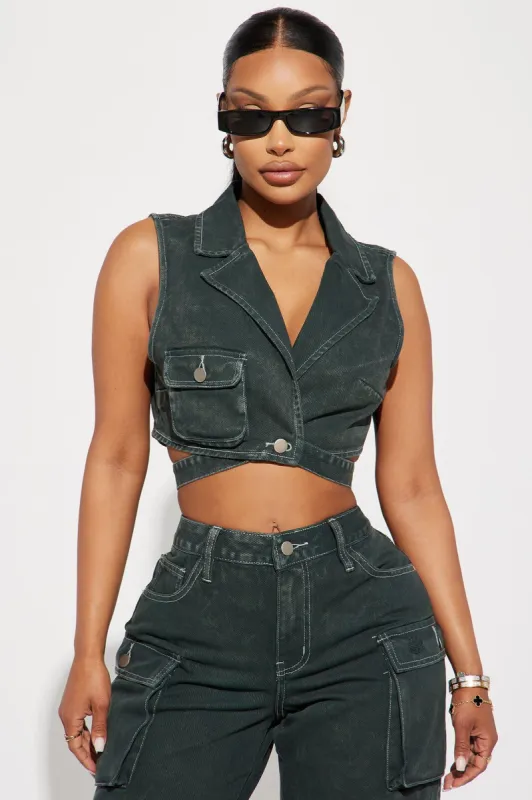 Billie Cargo Cropped Denim Vest - Green sold by Fashion Nova