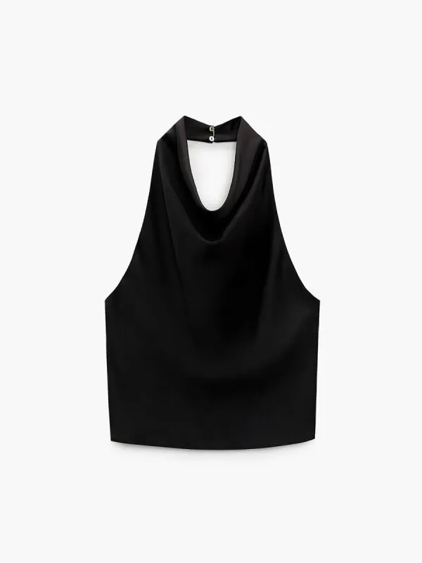 Cowl Halter Neck Open Back Satin Crop Top sold by COMMENSE