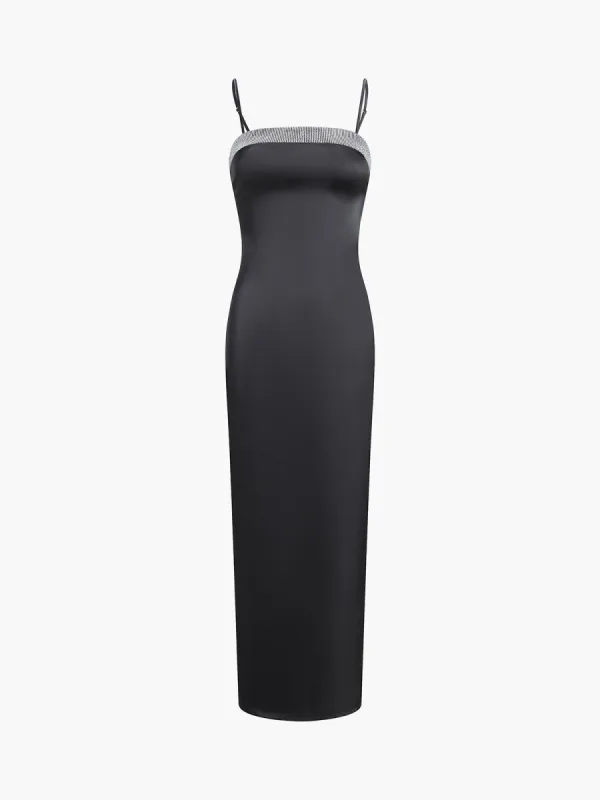 Rhinestone Trim Satin Midi Dress sold by COMMENSE
