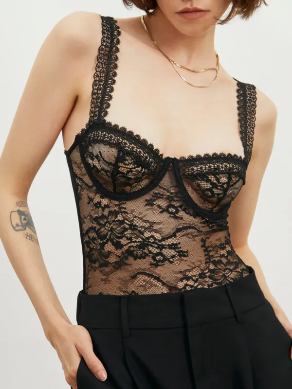 Floral Lace Bustier Bodysuit sold by COMMENSE