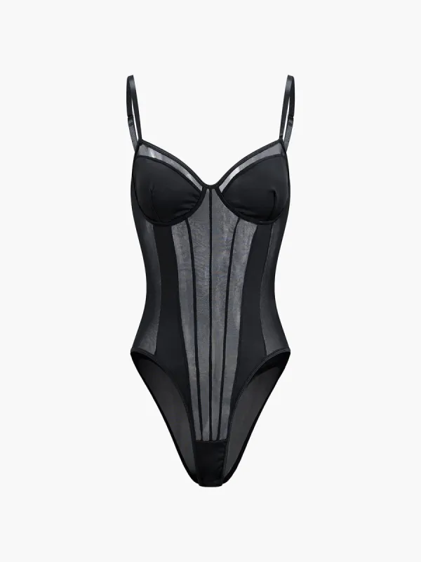 Adjustable Strap Mesh Corset Bodysuit sold by COMMENSE