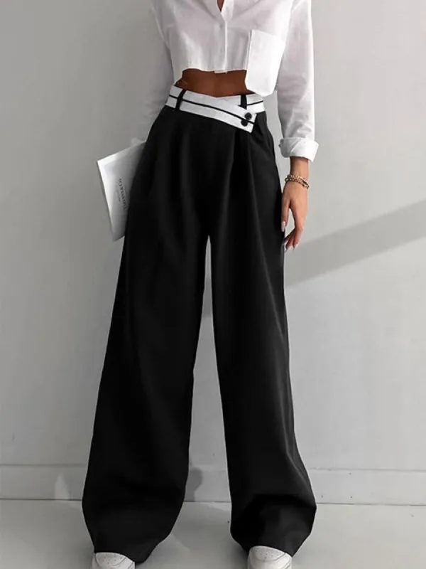 Asymmetrical Contrast Waistband Wide Leg Dress Pants sold by COMMENSE
