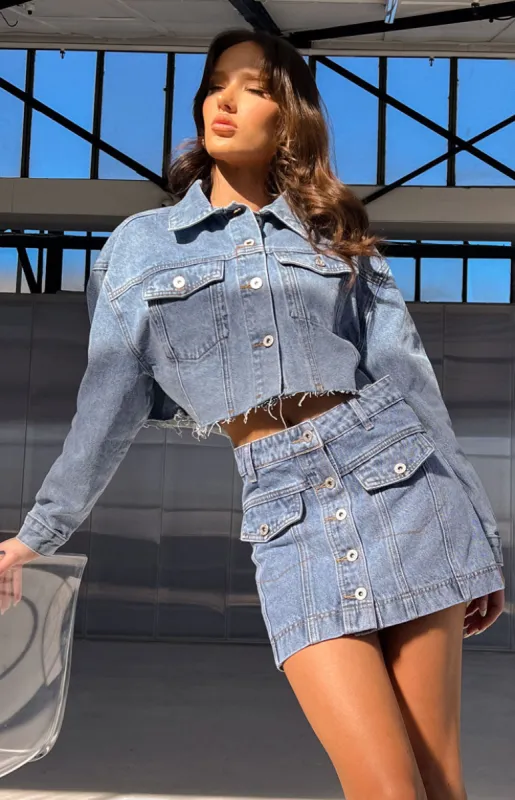 Helena Mid Wash Denim Cropped Jacket sold by Beginning Boutique