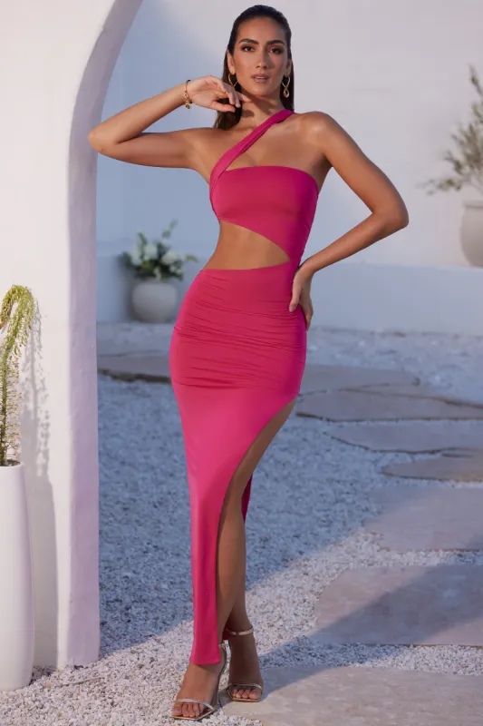 Asymmetric Neckline Ruched Cut Out Maxi Dress in Fuchsia sold by Oh Polly
