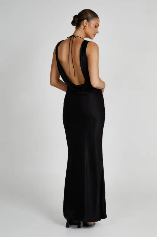 Angelique Satin Cowl Back Maxi Dress - Black sold by Meshki