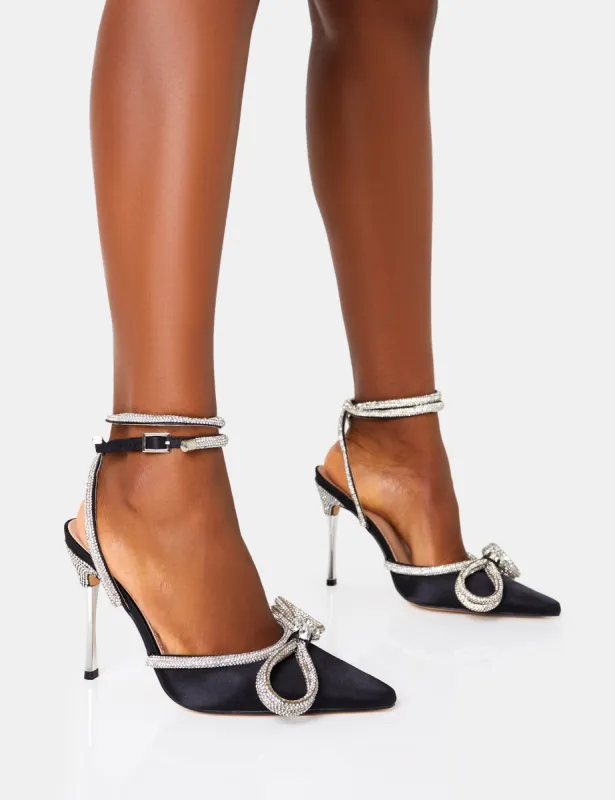 Midnight Wide Fit Black Wrap Around Diamante Bow Pointed Toe High Heel sold by Public Desire