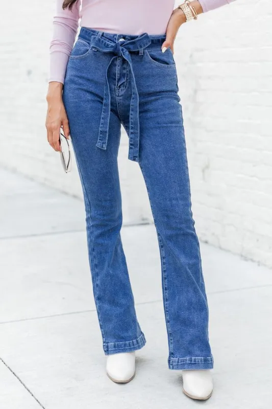 Time For Change Medium Wash High Rise Flare Denim with Tie Waist sold by Pink Lily