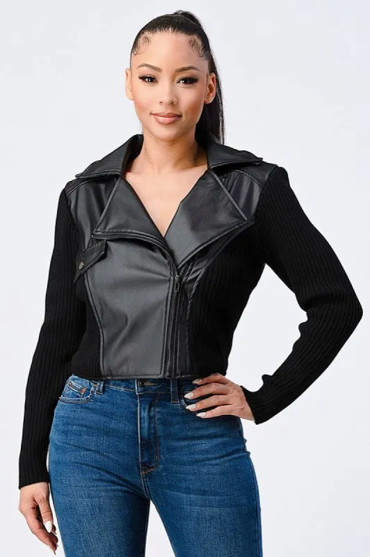 SEXY FAUX LEATHER N RIBBED COMBO BIKER JACKET sold by privy