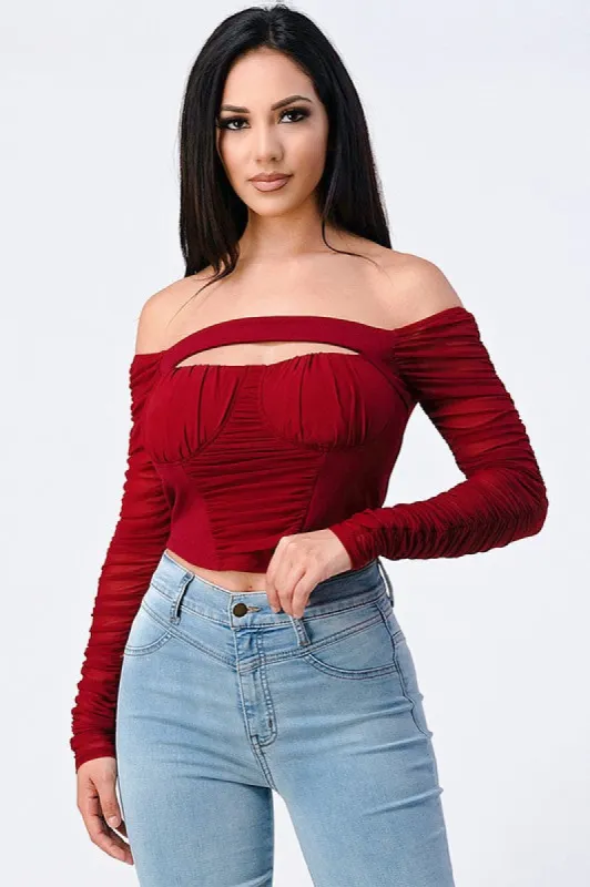 CUT-OUT RUCHED OFF SHOULDER CROPPED TOP sold by privy