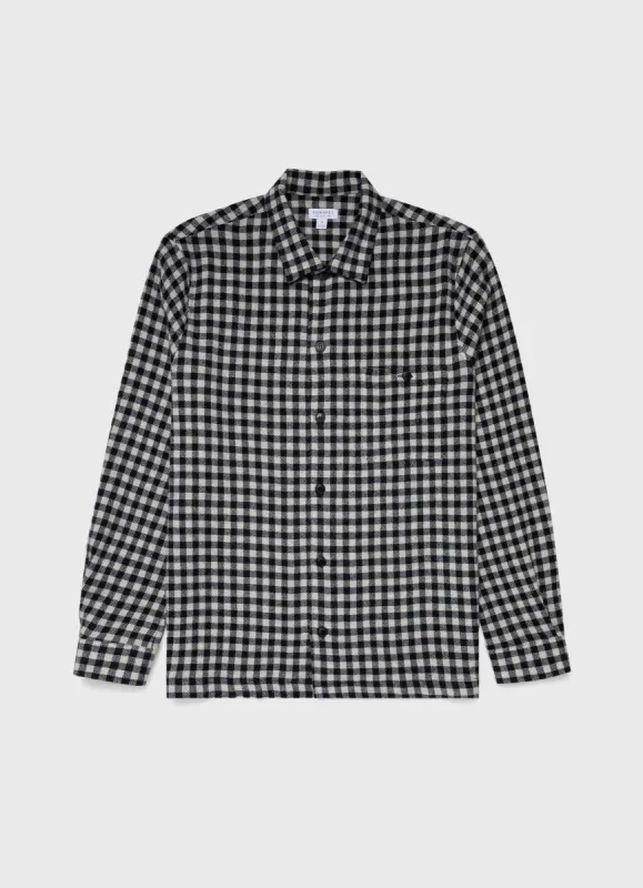 Men's Heavy Flannel Overshirt in Navy/Ecru Check sold by Sunspel