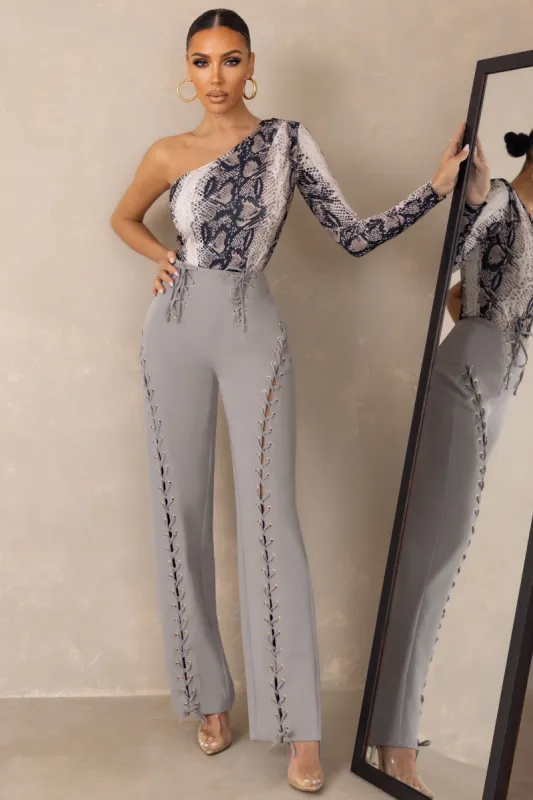 Worthy | Grey Lace-Up Detail Trousers in crepe sold by Club L London