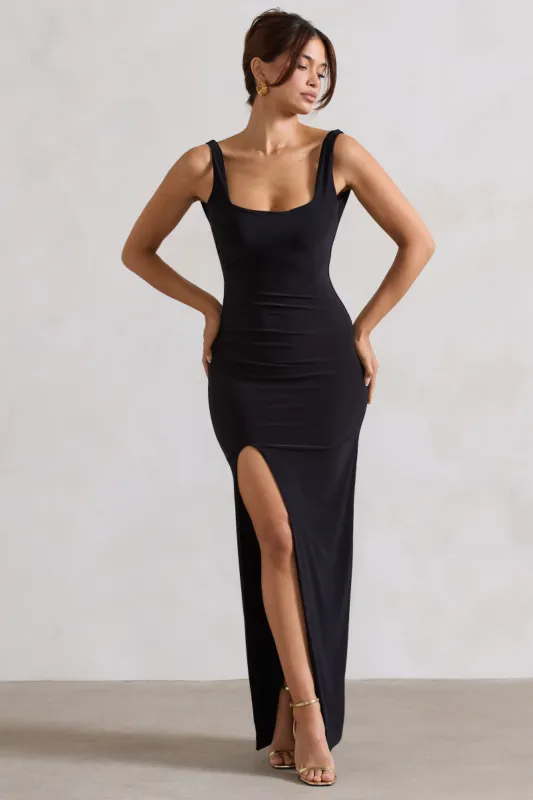 Kate | Black Square Neck Maxi Dress with Plunge Back and Side Thigh Split sold by Club L London