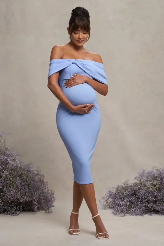 Alyssa | Powder Blue Bardot Bow Maternity Midi Dress with Ruching sold by Club L London