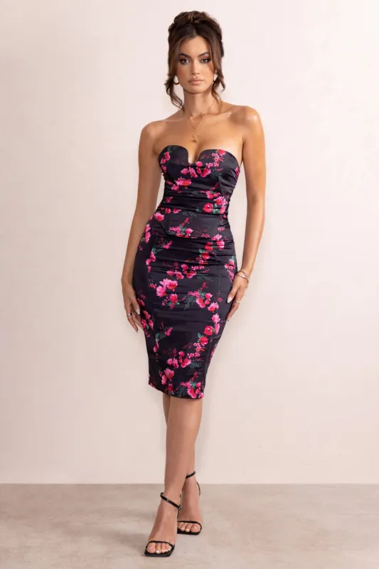 Katrina | Black Floral Print Satin Bodycon Midi Skirt sold by Club L London