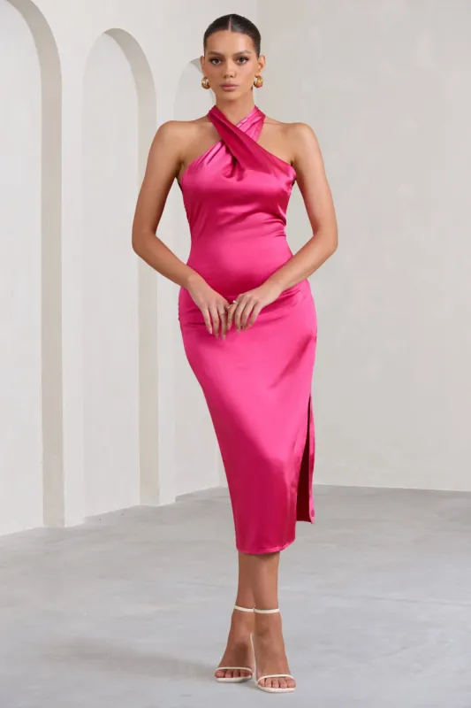 Dazzling | Fuchsia Satin Cross Over Halter Neck Midi Dress sold by Club L London
