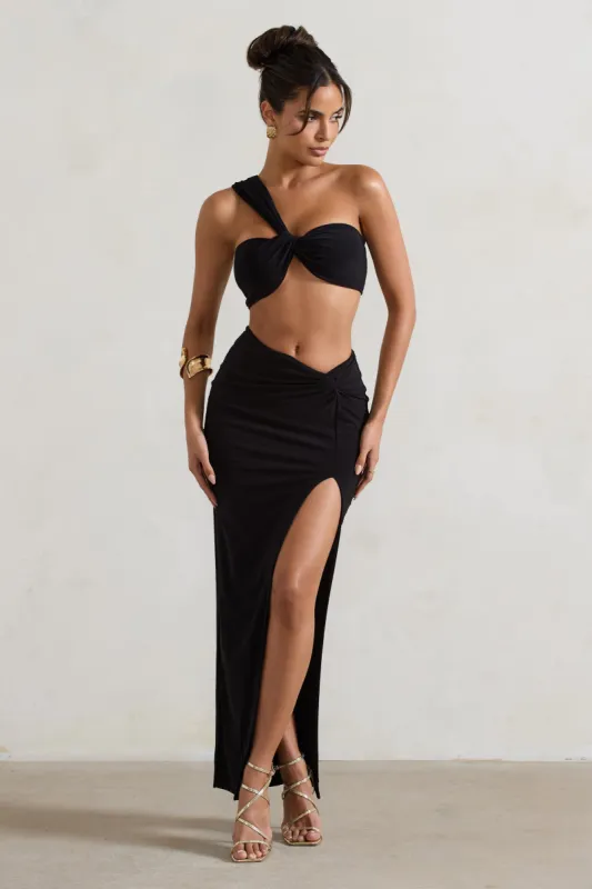 Tender Kiss | Black High Waist Thigh Split Maxi Skirt | Parallel