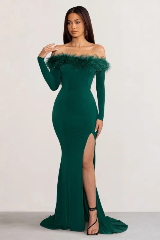 Lucilu | Bottle Green Feather Bardot Long Sleeve Maxi Dress with Side Split sold by Club L London