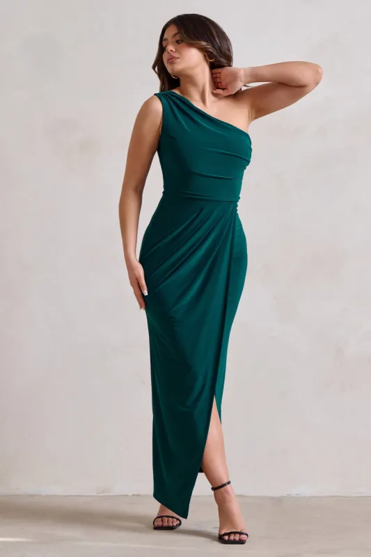 Athena | Bottle Green One Shoulder Maxi Dress | Parallel