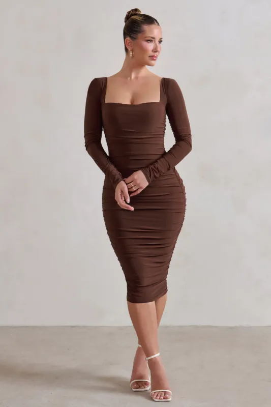 Seductress | Chocolate Long Sleeve Square Neck Ruched Midi Dress sold by Club L London