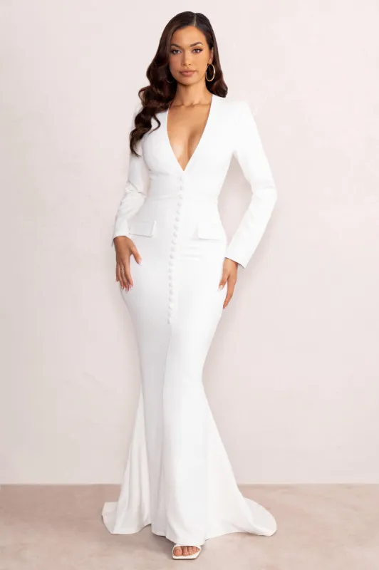 Reba | White Plunge Long Sleeve Structured Maxi Dress with Front Split sold by Club L London