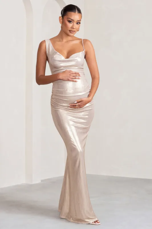 Galaxy Shimmer | Gold Maternity Cowl Neck Maxi Dress sold by Club L London