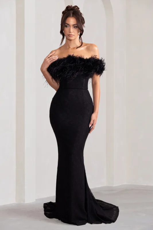 Idyll | Black Lace Bardot Feather Fishtail Maxi Dress sold by Club L London
