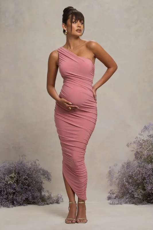 Late Night | Blush Pink Maternity Ruched One Shoulder Midi Dress sold by Club L London