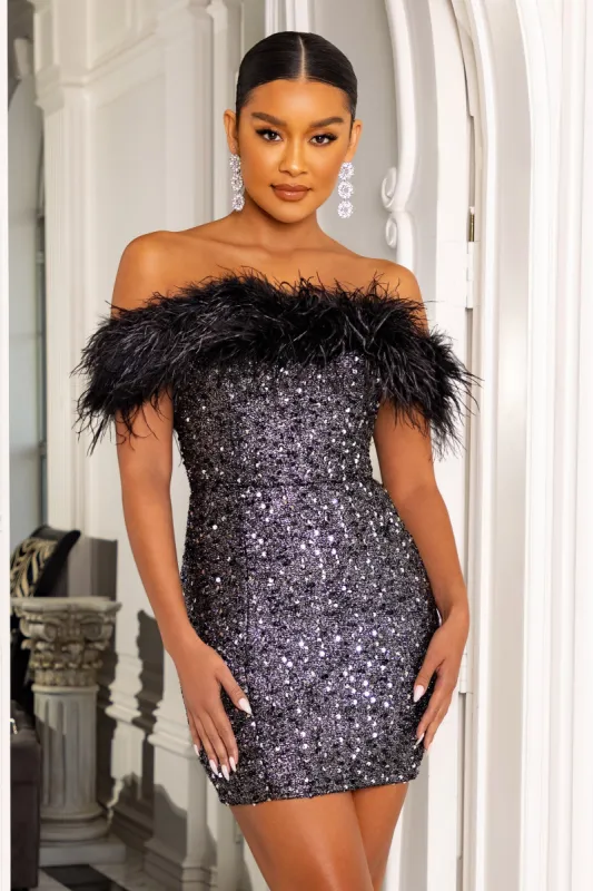 パーティードレス Feather Sequinned Dress Halter Crystal Sequin Feather Dress Ivory - Luxe Sequin